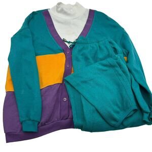 MEDIUM 80s 90s Active Elements Sweat suit Joggers Set color block teal‎ purple